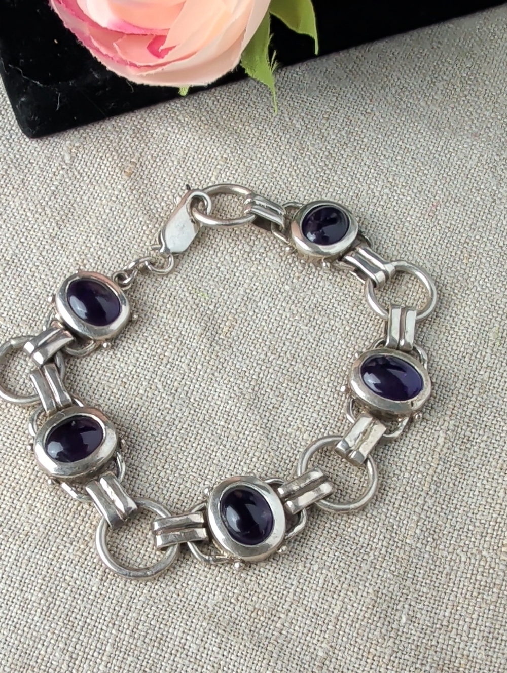 925 Sterling Silver Amethyst Bracelet Purple Cabochon Artisan 19g